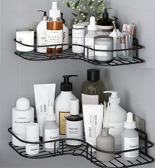 Oslen Metal (Pack of 2 Self-Adhesive Shelf/Storage Organizer for Bathroom and Kitchen Corner Wall Mounted Rack Shelf (No Drilling-Shelf Adhesive) (8 and 9 INCH,Black)