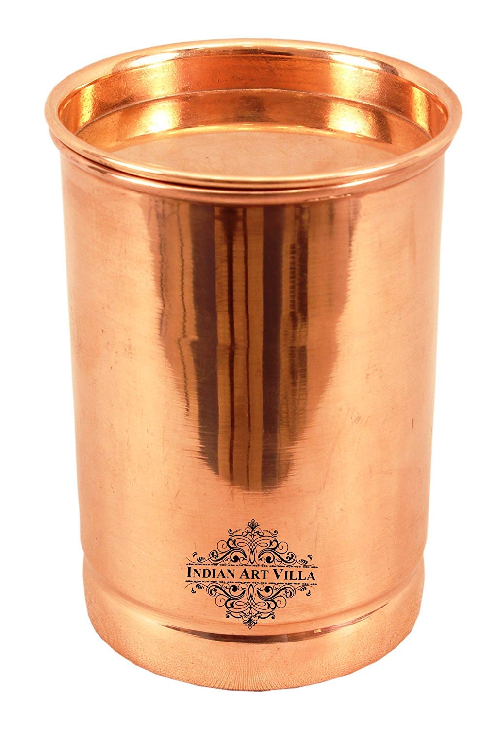 Indian Art Villa Pure Copper Glass With Lid, Plain Design Tumbler Cup For Water Storage, 300 Ml