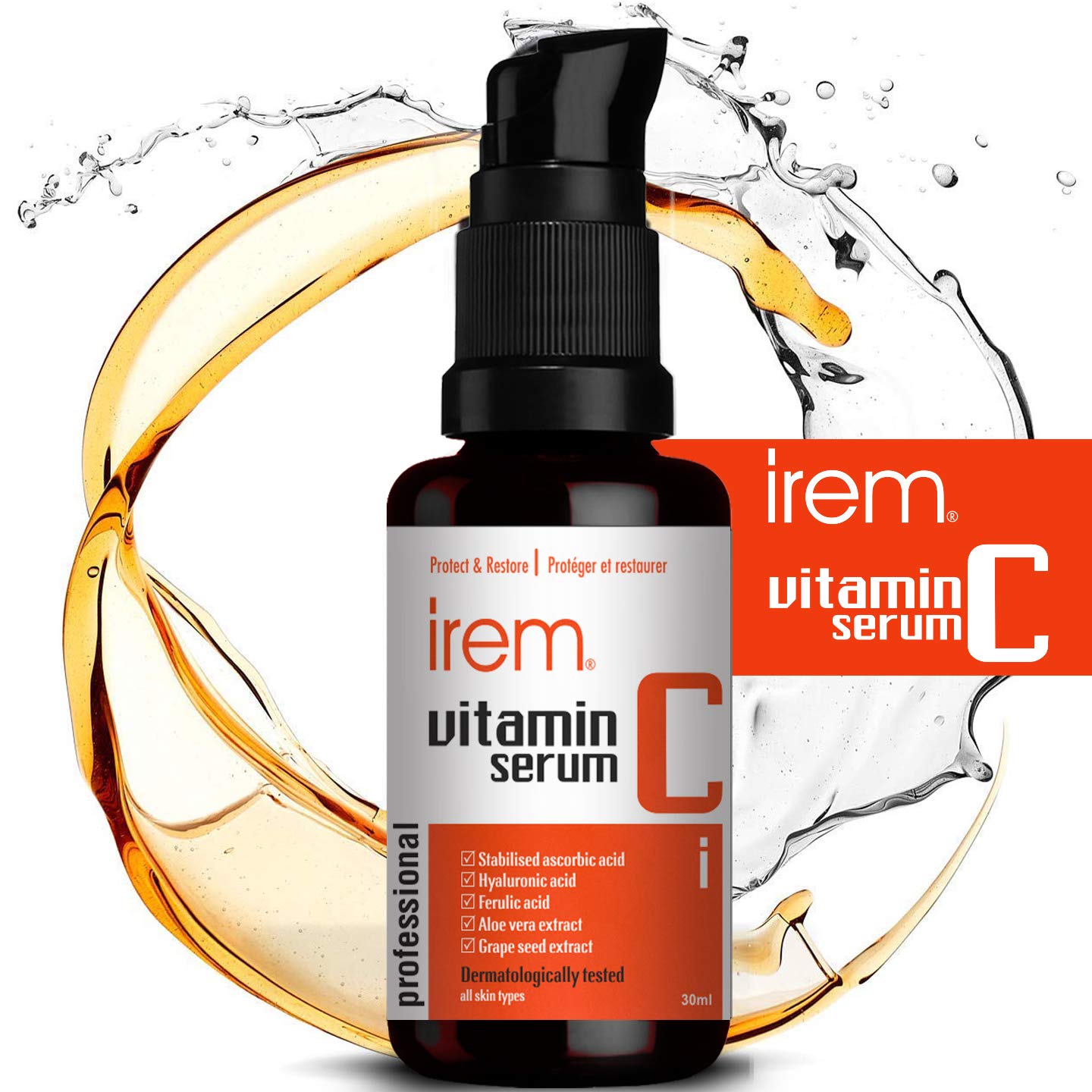 Irem Vitamin C Serum for face with Hyaluronic acid, Ferulic acid, Aloe vera and Grape seed extract, 30m