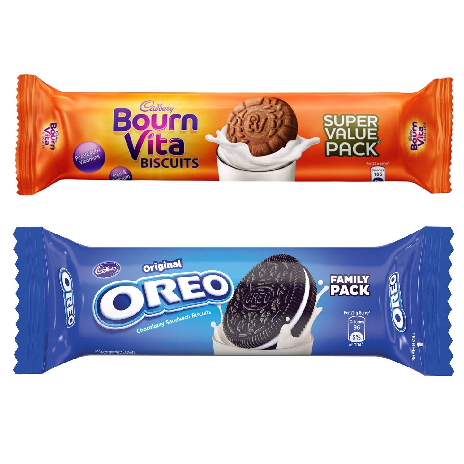 Cadbury Biscuits Family Pack Combo, 1200 gm (5X120g Oreo Vanilla Biscuits, 5X120g Bournvita Biscuits) Rs.242