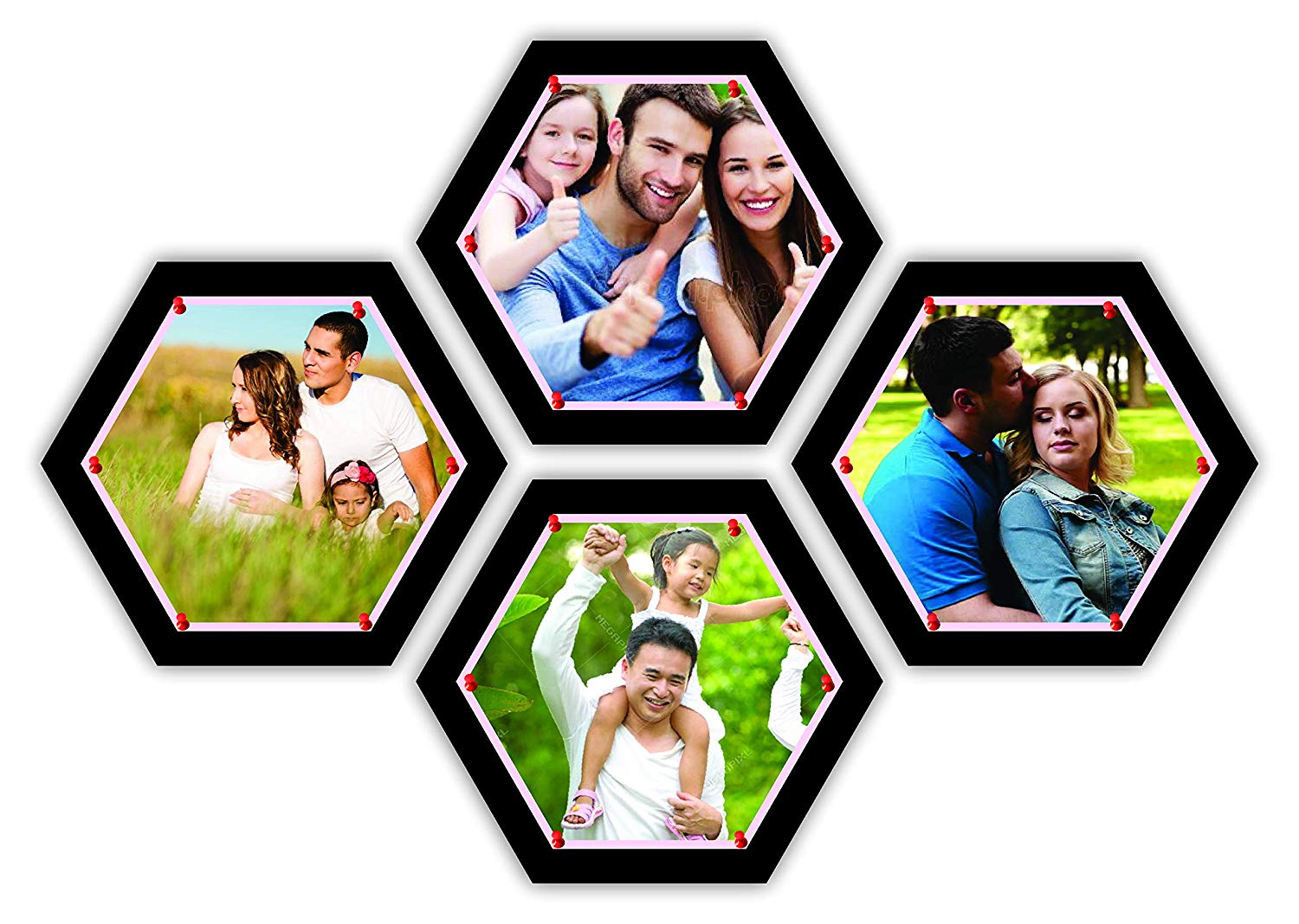 Marine Pearl 12 Inch Set of 4 Multifunctional Hexagonal Pin Up Photo Frames Wall Collage Soft Board for Home & Office (Black)