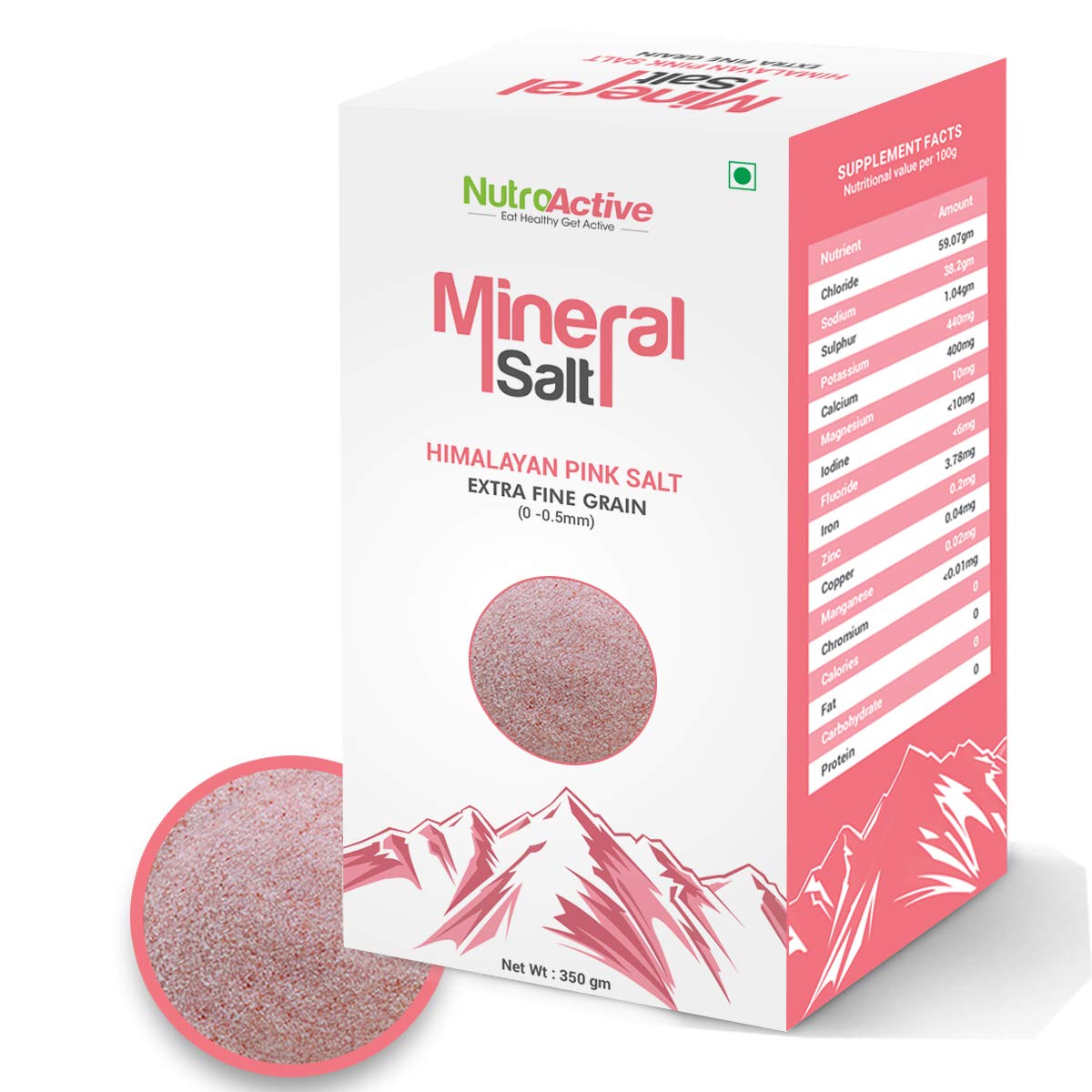 NutroActive Mineral Himalayan Pink Salt Extra Fine Grain, 0 -0.5 mm 350 gm