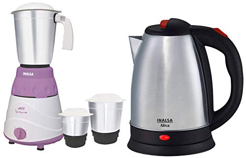 Inalsa Jazz 550-Watt Mixer Grinder with 3 Jars (Purple/White) + Inalsa Aliva 1500 Watt Electric Kettle in 1.5-Litre (Black/Silver)