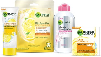 Garnier Skin Naturals SARA'S SKINCARE FAVOURITES (Light Complete Fairness Face Wash 100g + Milky Serum Mask Light Complete 30g x 2 + Light Complete Serum Cream SPF40/PA+++ 45 g + Micellar Cleansing Water 125ml)(5 Items in the set)