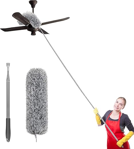 2024 Upgraded Long handle Microfiber Feather ceiling Duster for Dust cleaning with extendable Pole 30-100 Inch with anti scratch Bendable Head brush for Cleaning High Cobweb stick high Ceiling Fan