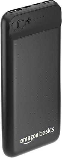 amazon basics 10000mAh 12W Lithium-Polymer Power Bank | Dual Input, Dual Output | Black, Type-C Cable Included