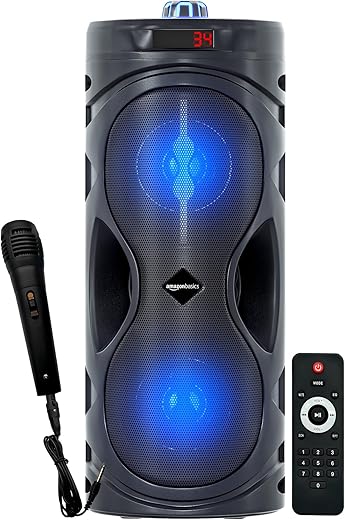 Amazon Basics Party Speaker with Karaoke Mic, 16W, 4" Double Woofer, RGB Light, 1800 mAh Battery, Digital Display, Remote Control, Bluetooth/Aux/USB Port/SD Card Connectivity