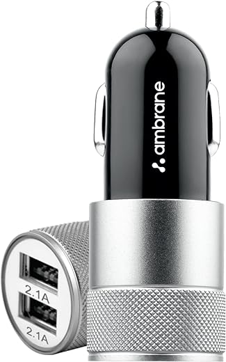 Ambrane 12W Fast Car Charger, Dual USB Output, Multi-Layer Protection, Fast Charging, Compatible with All Cars, Without Cable for All Mobiles & Other USB Enabled Devices (ACC74, Black & Silver)