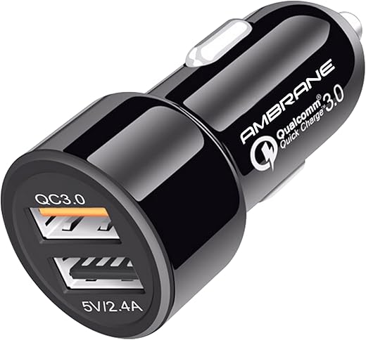 Ambrane 30W Fast Car Charger with Dual Output, Qualcomm Quick Charge 3.0 Compatible with all Cars for iPhone, All Smartphones, Tablets & More, Multi-Layers Protection (ACC11QC, Black)