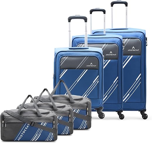 Aristocrat Trigon Hexa Set of 3 Cabin-55cm (Small) + Check-in-69cm (Medium) + Check-in-79cm (Large) & 3 Duffles (Small-52cm) for Travel | 5 Years International Warranty (Navy Blue)