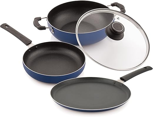 Attro Aluminium Imperial 4Pcs Non Stick Combo Kitchen Induction and Gas Compatible Cookware Set Kadai, Fry Pan, Dosa Tawa & 1 Glass Lid- Indigo Blue Matt