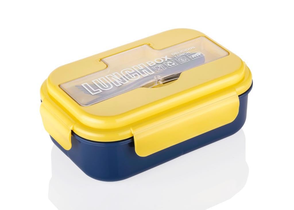 Attro Magic Lunch Box Comes with 3 Compartment,2 Spoons&Stylish Lid Use As Phone Holder Made by Heavy Platic Material Bpa Free Perfect for School,Office,Outdoor-Yellow Blue,1200 ml,Plastic