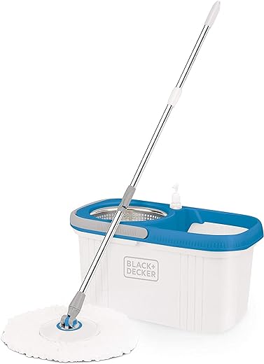 Black + Decker Bxbk0001Gb-In 360° Rotating Spin Mop & Bucket With Stainless Steel Drum With Microfibre & Replaceable Mop Head And Telescopic Handle