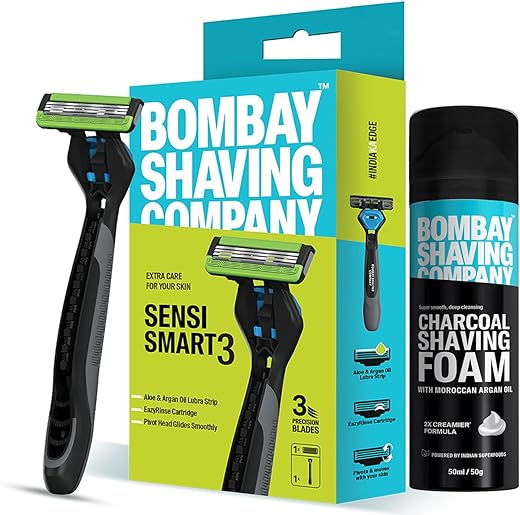 Bombay Shaving Company Sensi Smart 3 Razor and Charcoal Shaving Foam Combo | 3 Blades Shaving Razor For Men | Charcoal Shaving Foam, 50g