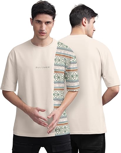 BULLMER Beige Front and Back Printed/Colourblock Baggy/Oversized Tshirt for Men