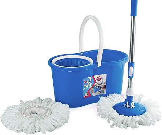 Cello Kleeno Compacto Spin Mop with 2 Refill | 360 Degree Rotating Mop | Extendable Rods with Handle Lock | Floor Cleaning Mop | Mop with Bucket | Blue