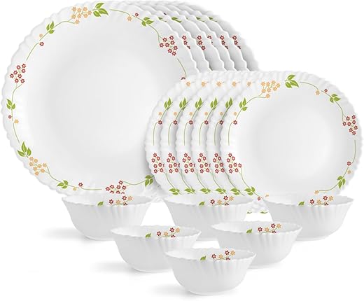 Cello Opalware Dazzle Series Secret Garden Dinner Set, 18 Units | Opal Glass Dinner Set for 6 | Light-Weight, Daily Use Crockery Set for Dining | White Plate and Bowl Set