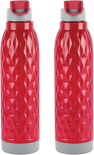 CELLO Puro Wave 900 Water Bottle | Easy Carry Wrist Belt | Covered Drinking Spout |Refrigerator Safe| Outer Plastic Body and Inner Stainless Steel Body | Set of 2 | 690ml, Red