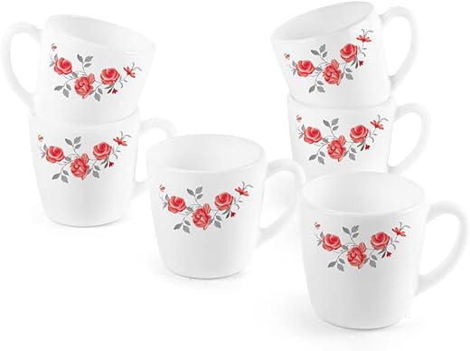 Cello Ricca Mug 6 Pcs Set | Cups for Tea,Coffee,Espressoc| Thermal Resistant | Light Weight | Red Rose Fantasy | 180ml