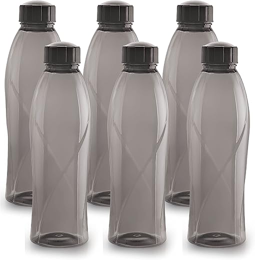 CELLO Texas PET Bottle | Leak proof and Break proof | Perfect for School, College, Work, and Outdoor adventures Water Bottle | 1 Litre, Set of 6 | Black