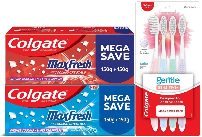 Colgate MaxFresh Red 300g & Blue 300g Toothpaste with Gentle Sensitive Toothbrush 4pcs(1 Items in the set)