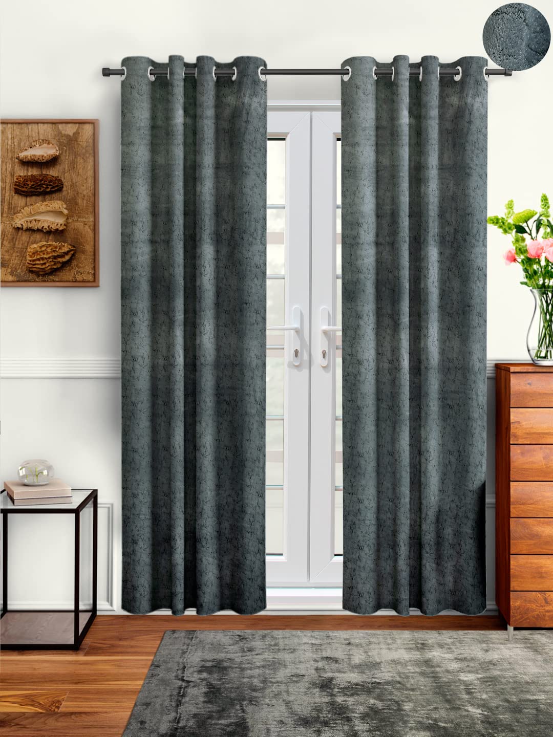 Cortina 2 Piece Solid Design Panel Eyelet Velvet Door Curtains - 7 Feet, Grey