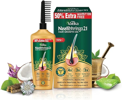 DABUR Vatika Neelibhringa 21 Hair Growth Oil - (100Ml+ 50Ml Extra Free) | 14 Ayurvedic Herbs | Ayurvedic Medicine | 4X Less Hairfall | 3X Thicker Hair | 21 Hair Benefits| With Ergnomic Comb Applicator