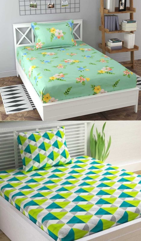 Decent Home 240 TC Cotton Single Printed Flat Bedsheet(Pack of 2, Green)