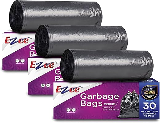 Ezee Black Garbage Bags for Dustbin | 90 Pcs | Medium 19 X 21 Inches | 30 Pcs x Pack of 3