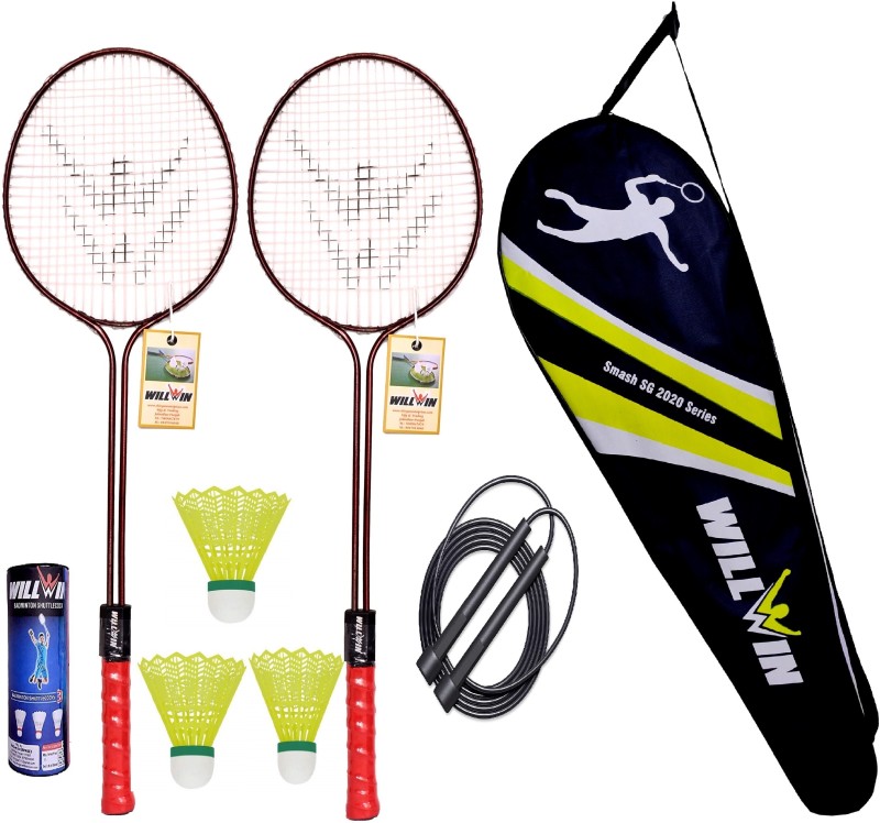 Forgesy Double Shaft Set Of 2 Racket And 3 Nylon shuttle and With cover and Rope Branded Badminton Kit