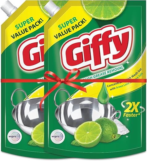 Giffy Concentrated Liquid Dish Wash Gel with Active Salt & Lime| 2x Faster Tough Grease Removal & Mild Fragrance| Removes Tough Malodour| Leaves No White Residue| Hand-Safe | 900ml (Pack of 2)