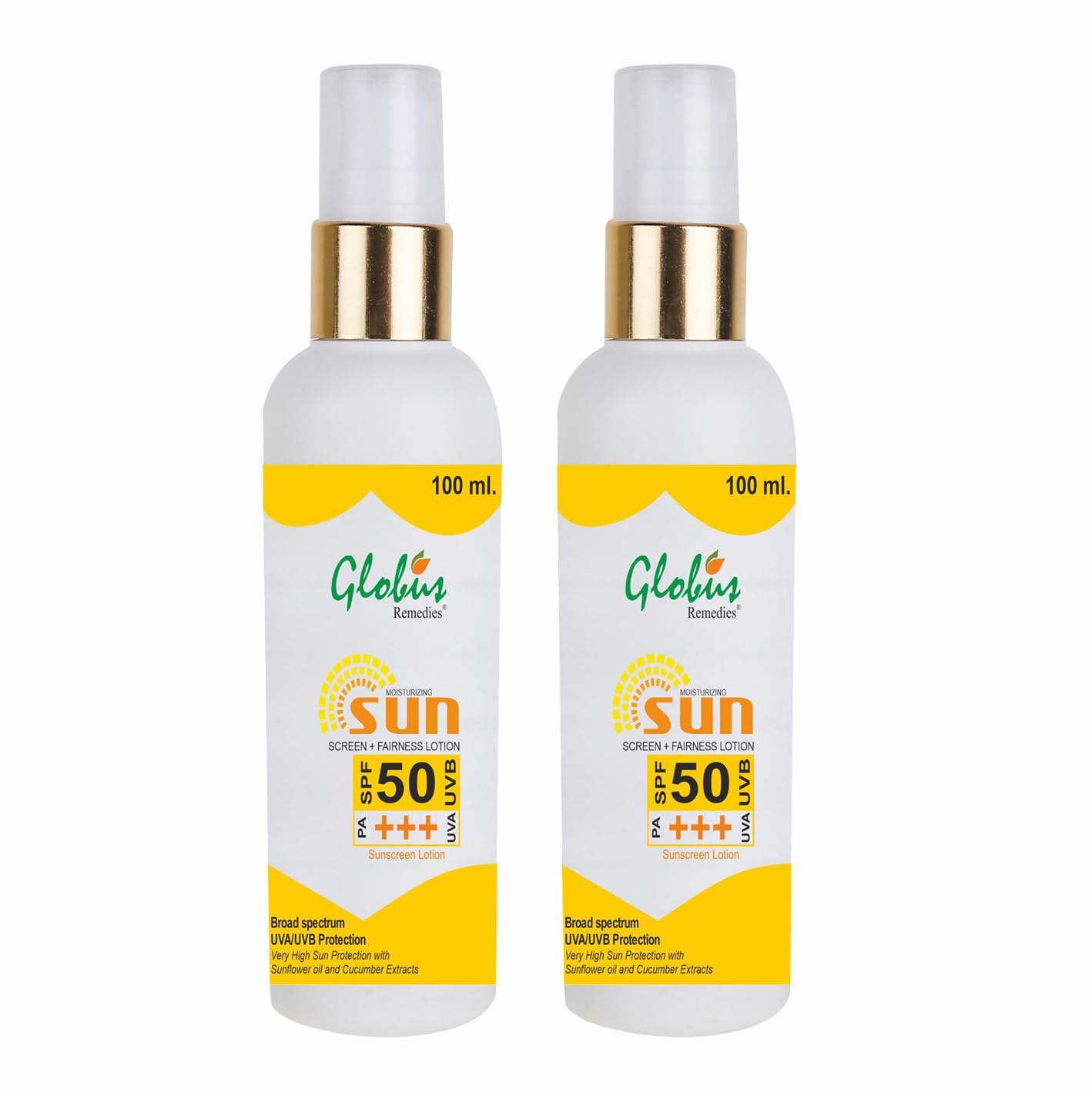 Globus Remedies SPF 50 PA+++ Sunscreen Lotion With Fairness - 100 ml (Pack of 2)