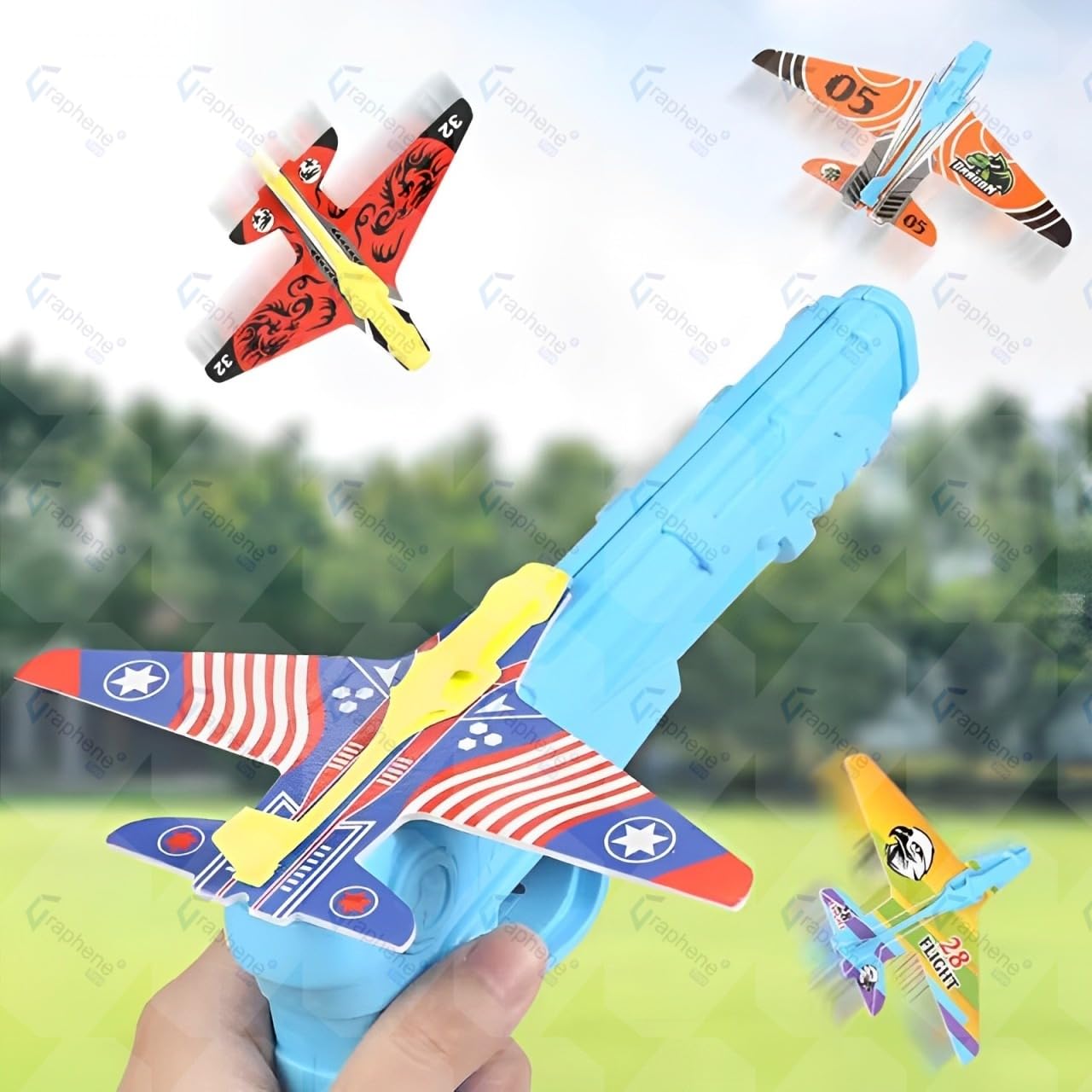 GRAPHENE Airplane Launcher Toys for Kids, 1 Launchers and 4 Foam Glider, Indoor Outdoor Flying Toys for Boys Girls 4-14 Years Old, Plane Party Favors Birthday Gifts for Toddlers