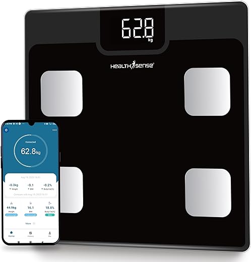 HealthSense Bluetooth BMI Weight Machine for Body Weight, Digital Body Fat Analyzer & Smart Body Composition Scale with Mobile App, 12 Body Parameters, LED Display & 1 Year Warranty - BS161
