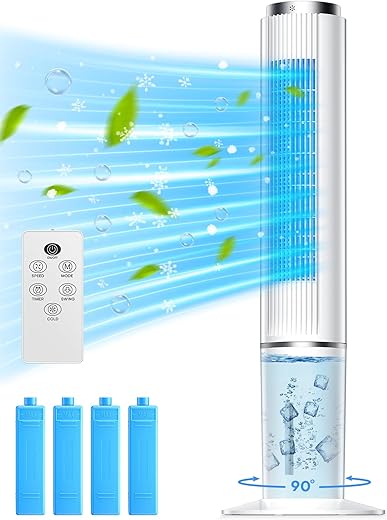 HIFRESH Air Cooler for Home, 107CM Tower Cooler w/Remote & LED Touch Screen, 3 Speed & 4 Mode, 12H Timer, 26 Feet Air Delivery, 4L Water Tank, 4 Ice Packs, 70° Swing Control, 80W Low Power Consumption