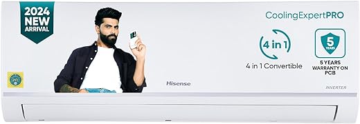 Hisense 1.5 Ton 3 star Inverter Split AC(Copper, 4-in-1 Convertible with Intelligent 4 modes, PM 2.5 filter, Anti corrosion, Self Clean, 2024 Model, AS-18TR4R3BP1, White with Chrome Deco Strip)