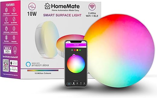 HomeMate WiFi Smart LED Surface Light | 10 W, 16 Million Colors + Warm and Cool White | Works with Amazon Alexa, Google Assistant & Siri | With Last State Memory Feature (10 Watt, 1)