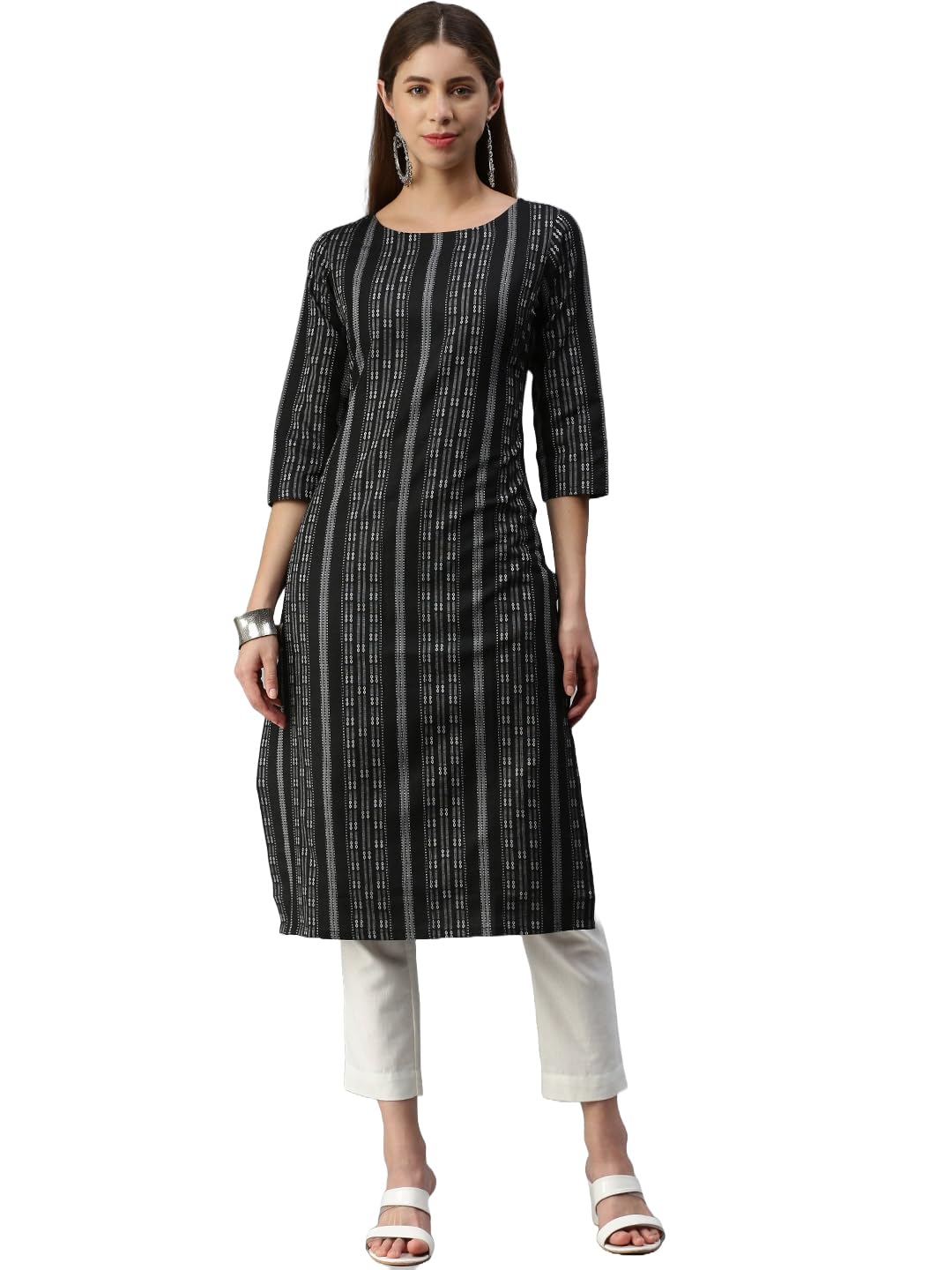 Hritika Women's Beige Stripes Printed Cotton Blend Casual Kurta (HRKR5_HRK0098BEIGE_L)