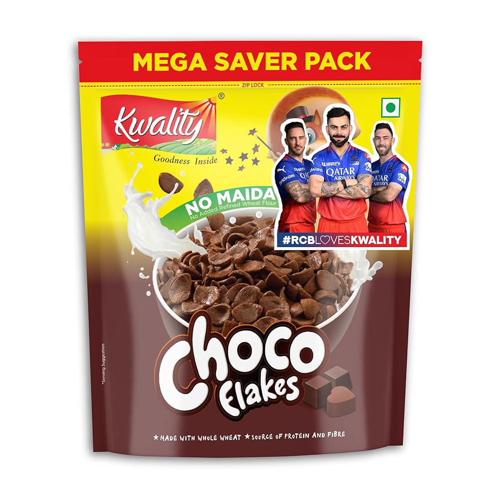 Kwality Choco Flakes 1kg | Made with Whole Wheat, No Maida Chocos | Source of Protein & Fiber | Richness of Chocolate | Healthy Food & Breakfast Cereal for Kids