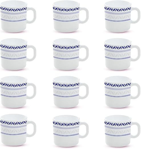 Larah by BOROSIL Jazzblue Opalware Mug, Set of 12 Tea/Coffee Mugs, 180 ml Each, Microwave & Dishwasher Safe, Bone-Ash Free, Crockery Set Ideal for Daily Use & Gifting, White