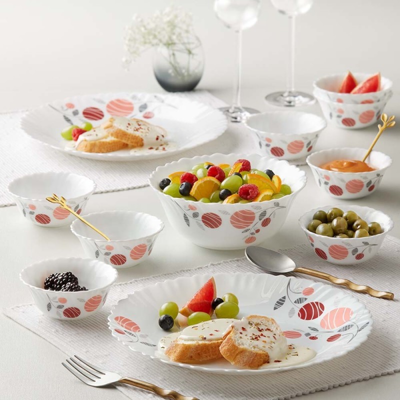 Larah by Borosil Pack of 17 Opalware Dahlia Galaxy Series Crockery for Dining & Gifting Dinner Set(White, Pink, Microwave Safe)