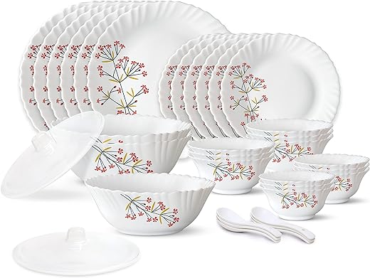 Larah by Borosil Red Bud Silk Series Opalware Dinner Set | 35 Pieces for Family of 6 | Microwave & Dishwasher Safe | Bone-Ash Free | Crockery Set for Dining & Gifting | Plates & Bowls | White,Floral