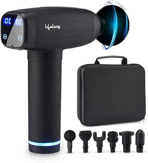 Lifelong Gun Massager | Percussion for Full Body Pain Relief | 6 Heads | LED Touch | 30 Speed Levels | Premium Bag | 1 Year Warranty (LLGM09, Black)