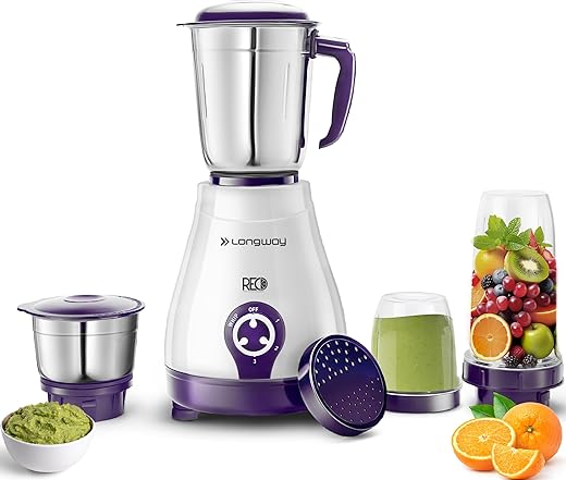 Longway Reo 550 Watt Mixer Grinder with 4 Jars for Grinding, Mixing, Blending, Juicing with Powerful Motor | 1 Year Warranty | (Purple, 4 Jars)
