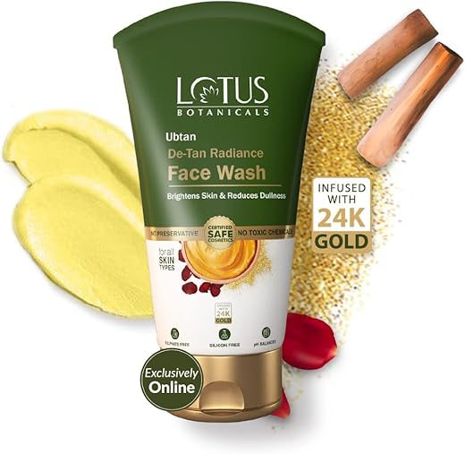 Lotus Botanicals Ubtan De-Tan Radiance Face Wash | Infused with 24K Gold | For Glowing & Rejuvenated Skin, Anti-Tan | No Silicon, No Sulphates, Non-Comedogenic, No Preservatives | 100ml