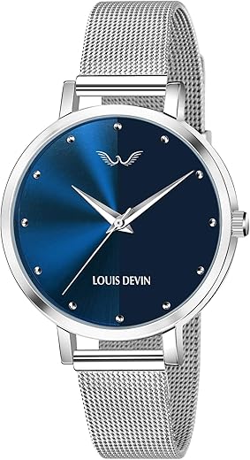 LOUIS DEVIN LD-L144-BLU-CH Mesh Blue Dial Silver Band Stainless Steel Chain Analog Wrist Watch for Women