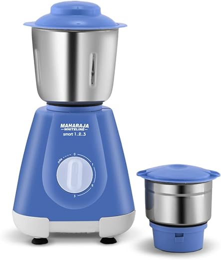 Maharaja Whiteline Smart 1..2..3 Mixer Grinder with 2 Jars, Long Lasting Performance with 500 Watt Motor | Air Ventilation System | Jar Flow Breaker | 2 Year Motor Warranty (Blue)