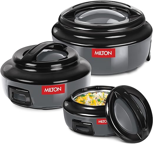 MILTON Ernesto Inner Stainless Steel Jr. Casserole Set of 3 (420 ml, 850 ml, 1.43 litres), Grey | Easy to Carry | Serving | Stackable