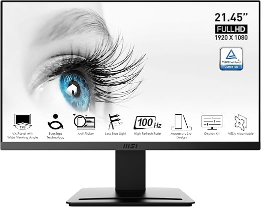 MSI PRO MP223 21.45 Inch Full HD Office LCD Monitor - 1920 X 1080, 100 Hz, Eye-Friendly Screen, VESA Mountable, Display Kit Support, Tilt-Adjustable - HDMI 1.4b, D-Sub (VGA)