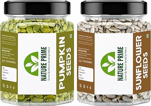 Nature prime Raw Pumpkin Seeds - 250g and Sunflower Seeds - 250g for Eating. Protein and Fibre Rich Food For Immunity Booster Diet Pack (JAR Pack) (250g+250g)